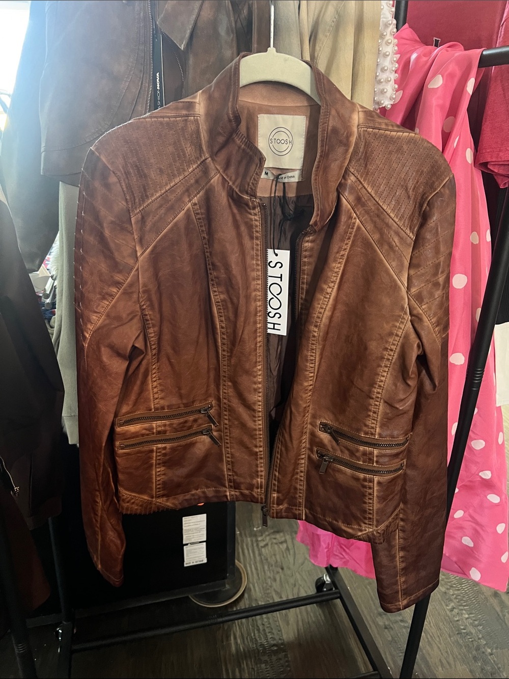 Stoosh Distressed Brown Faux Leather Moto Jacket
